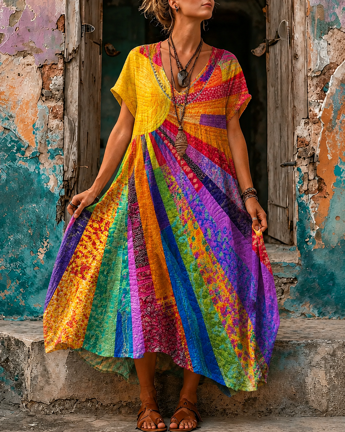 Women's Vacation Linen Boho Floral Print V-Neck Short Sleeve Maxi Dress
