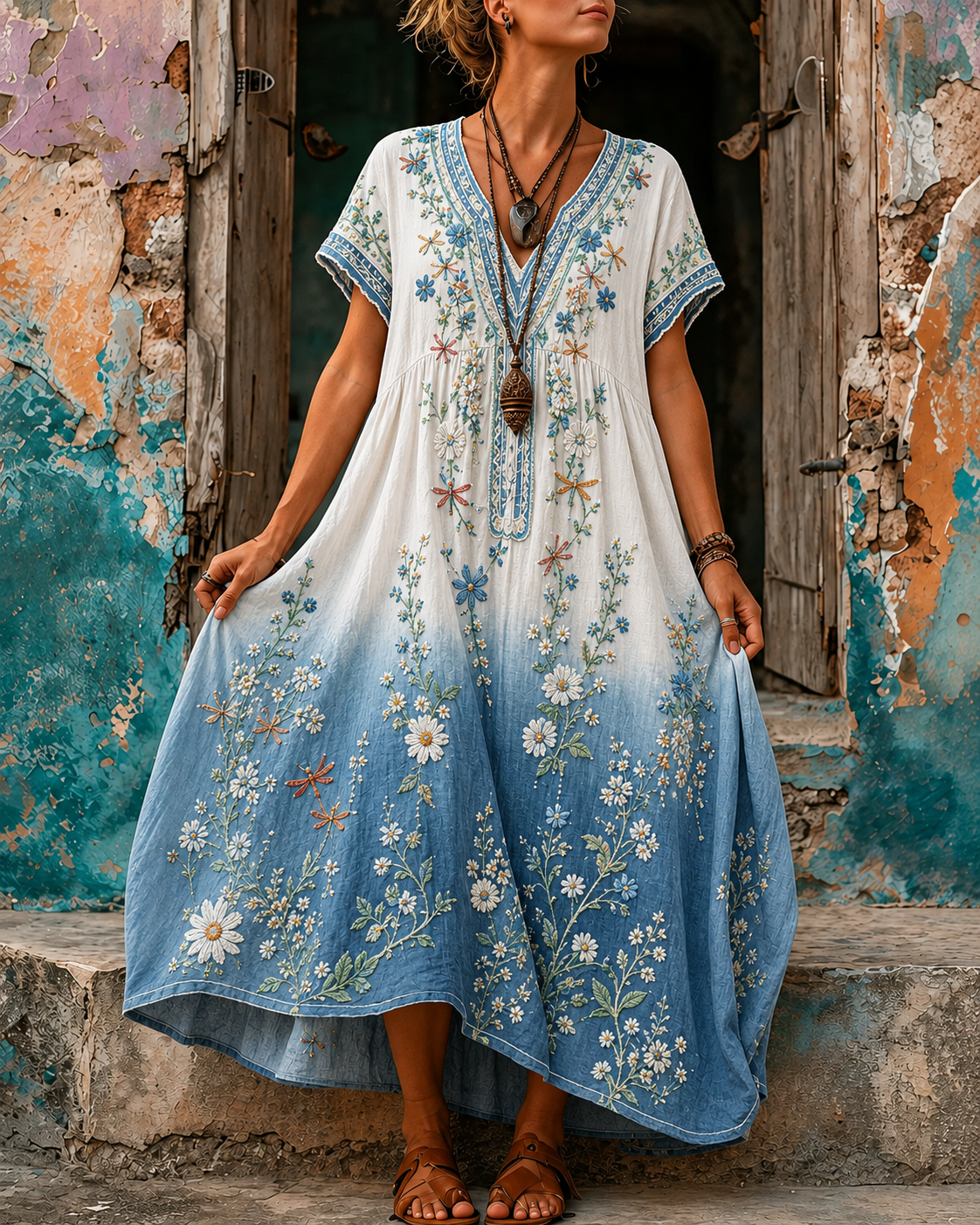 Women's Vacation Linen Boho Floral Print V-Neck Short Sleeve Maxi Dress