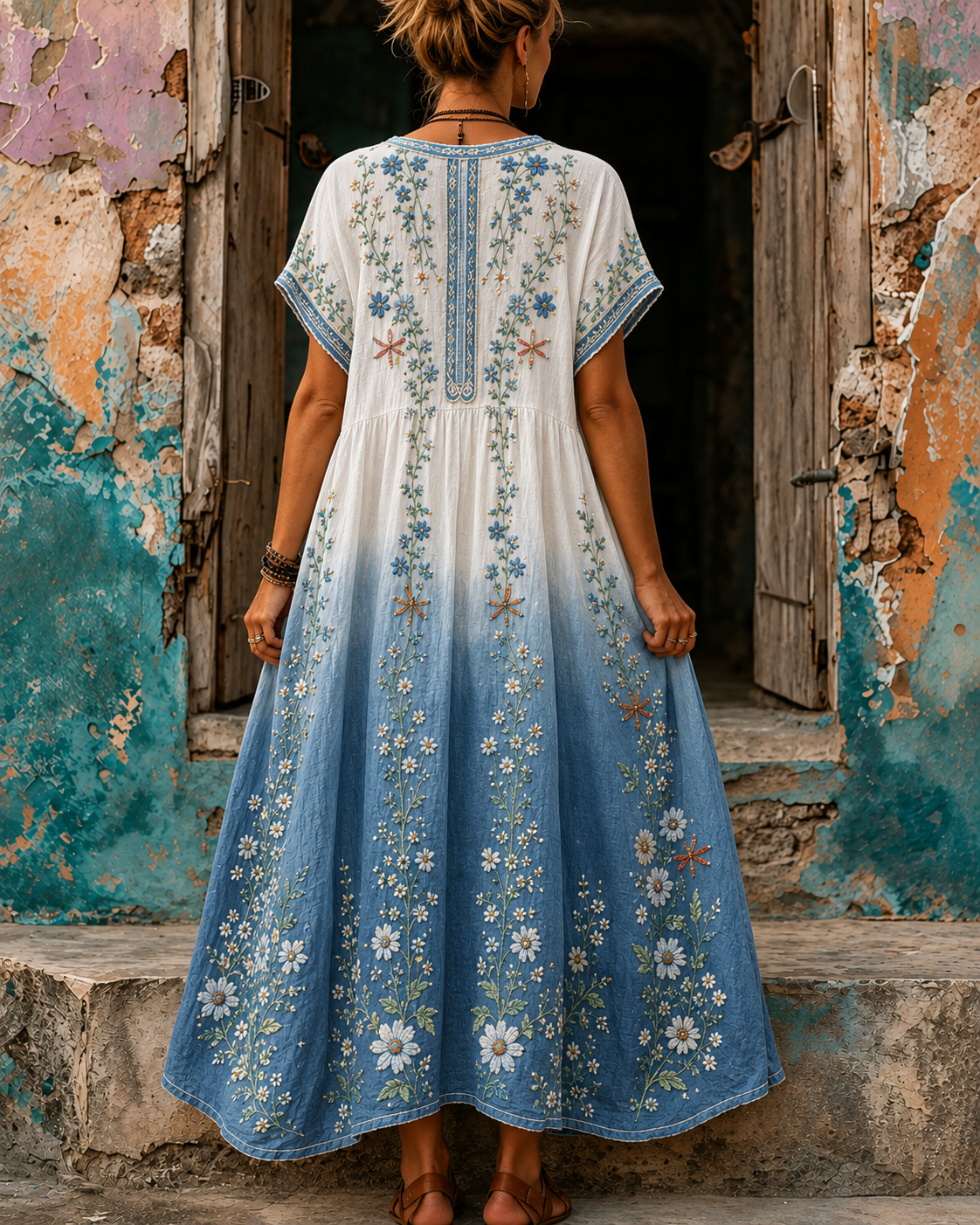 Women's Vacation Linen Boho Floral Print V-Neck Short Sleeve Maxi Dress