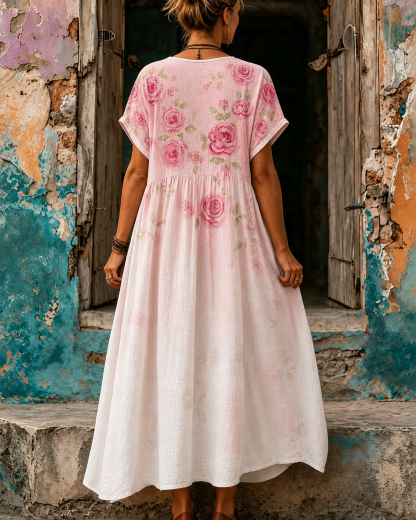 Women's Vacation Linen Boho Floral Print V-Neck Short Sleeve Maxi Dress
