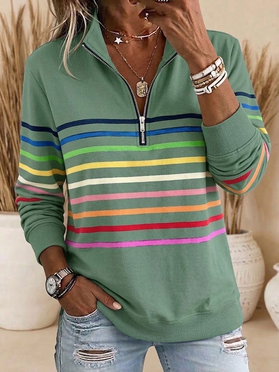 Women's Pullover Sweatshirt Patchwork Print Quarter Zip Plain Striped Elegant Sweatshirt