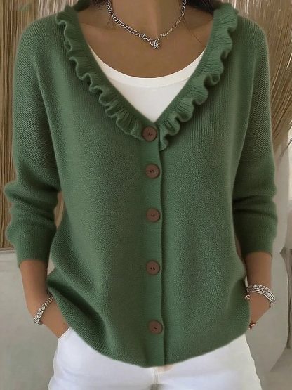 Women's Ruffle Trim V-Neck Button-Down Cardigan