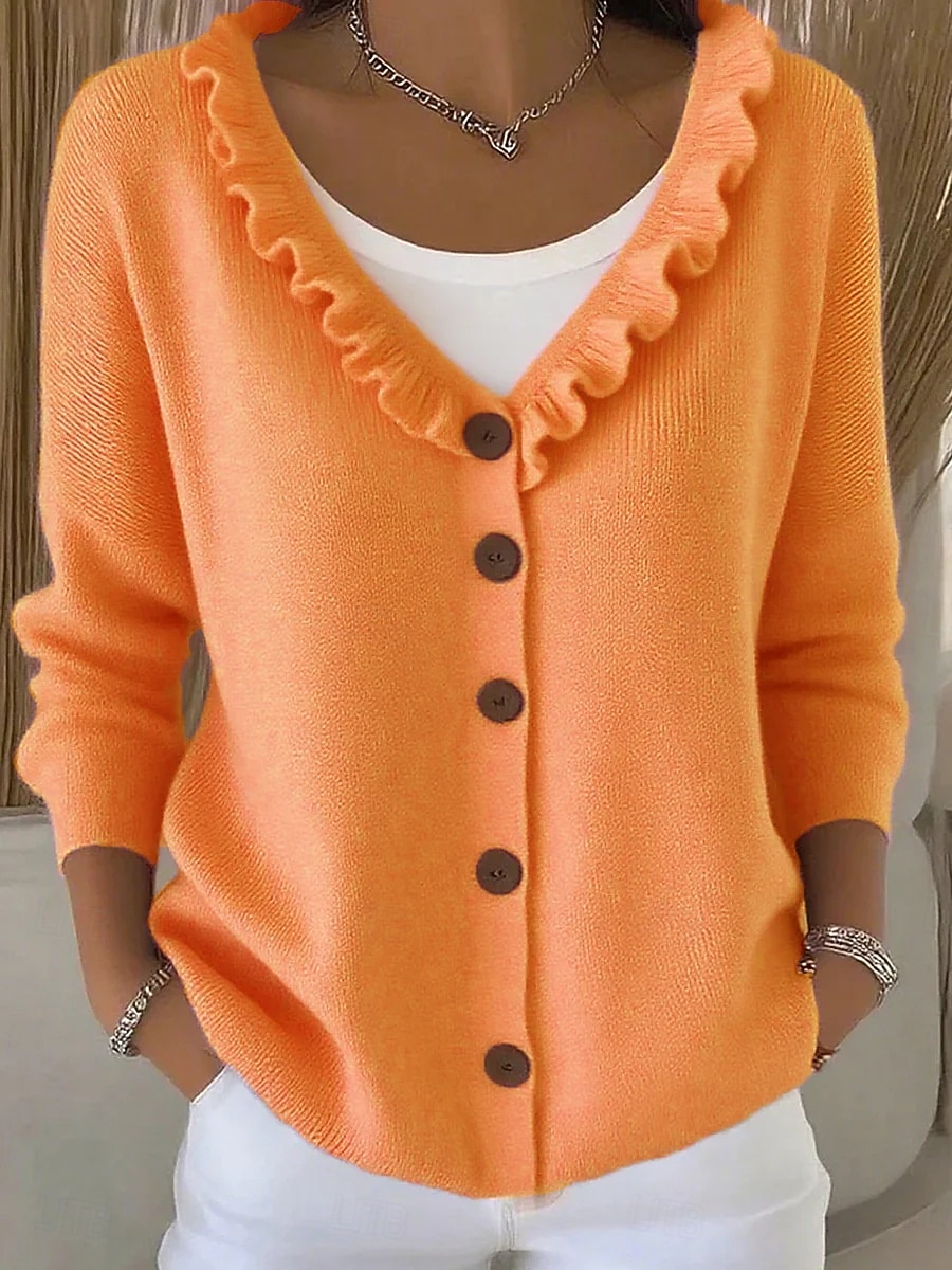 Women's Ruffle Trim V-Neck Button-Down Cardigan