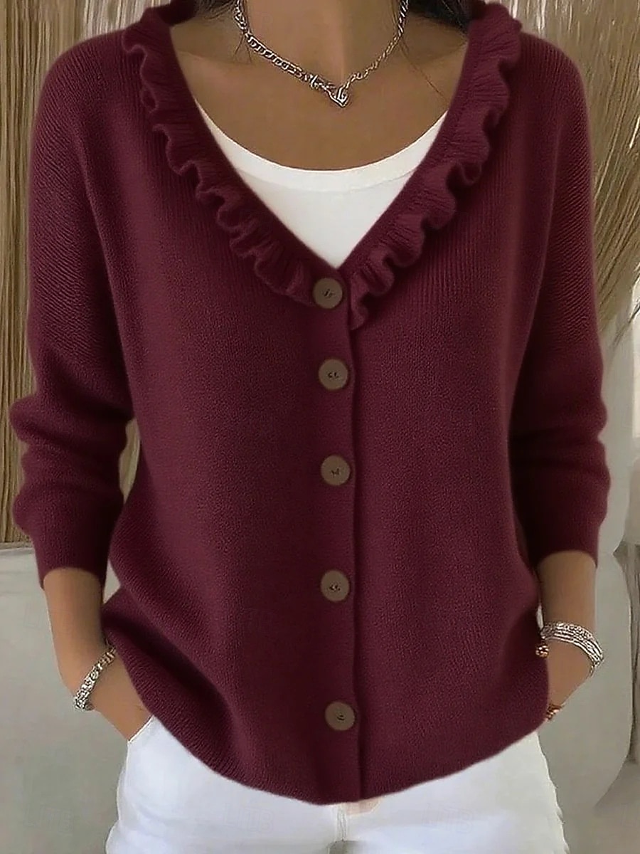 Women's Ruffle Trim V-Neck Button-Down Cardigan
