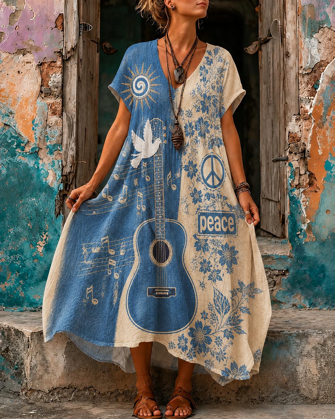 Women's Vacation Linen Boho Floral Print V-Neck Short Sleeve Maxi Dress