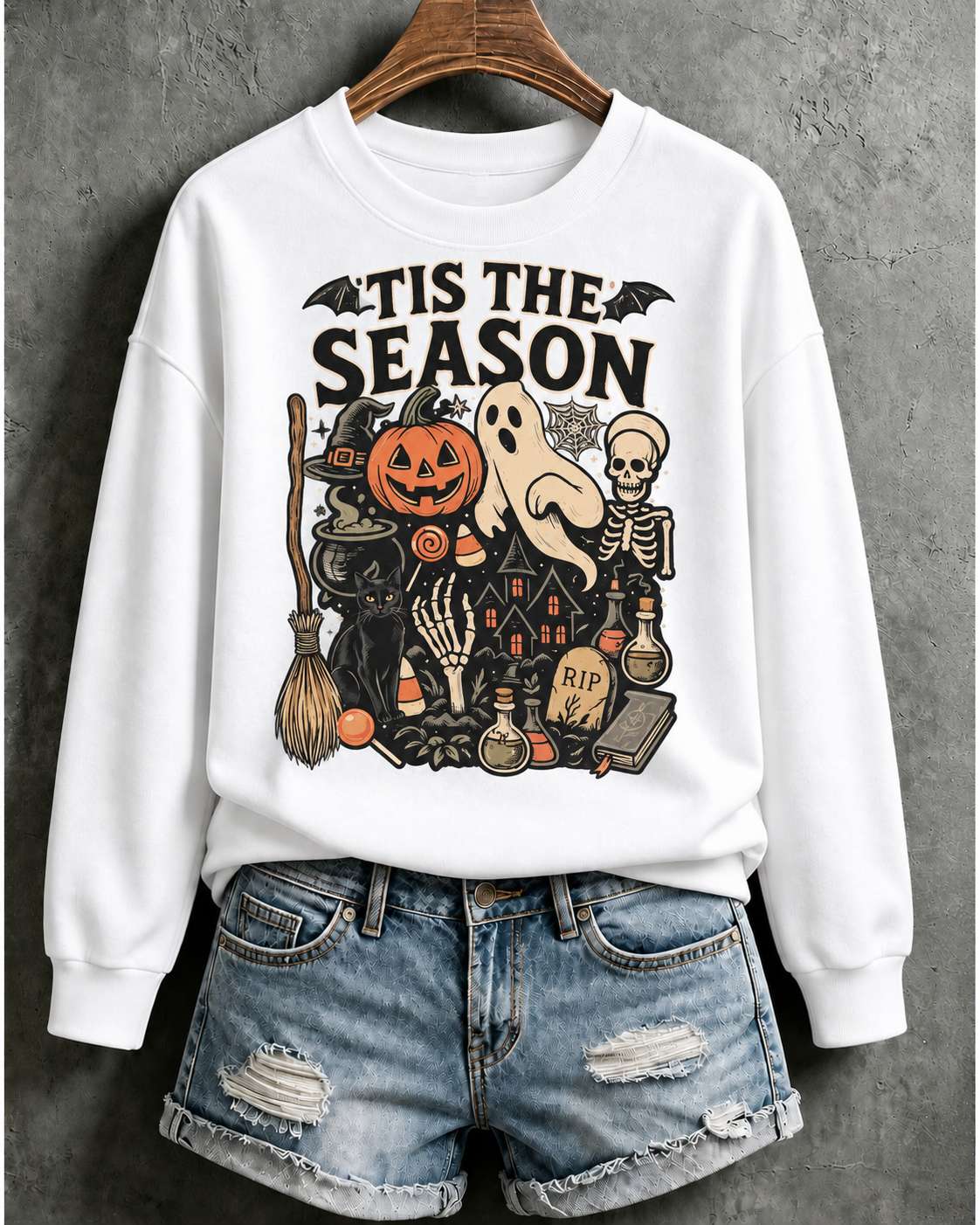 Vintage Spooky Season Hoodie–Pumpkin, Ghost & Skeleton Printed Sweatshirt