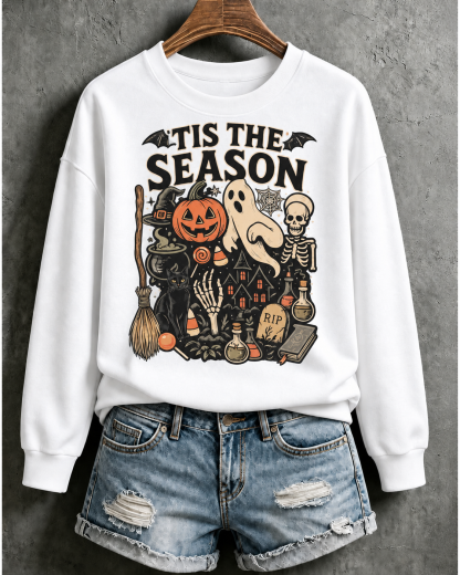 Vintage Spooky Season Hoodie–Pumpkin, Ghost & Skeleton Printed Sweatshirt