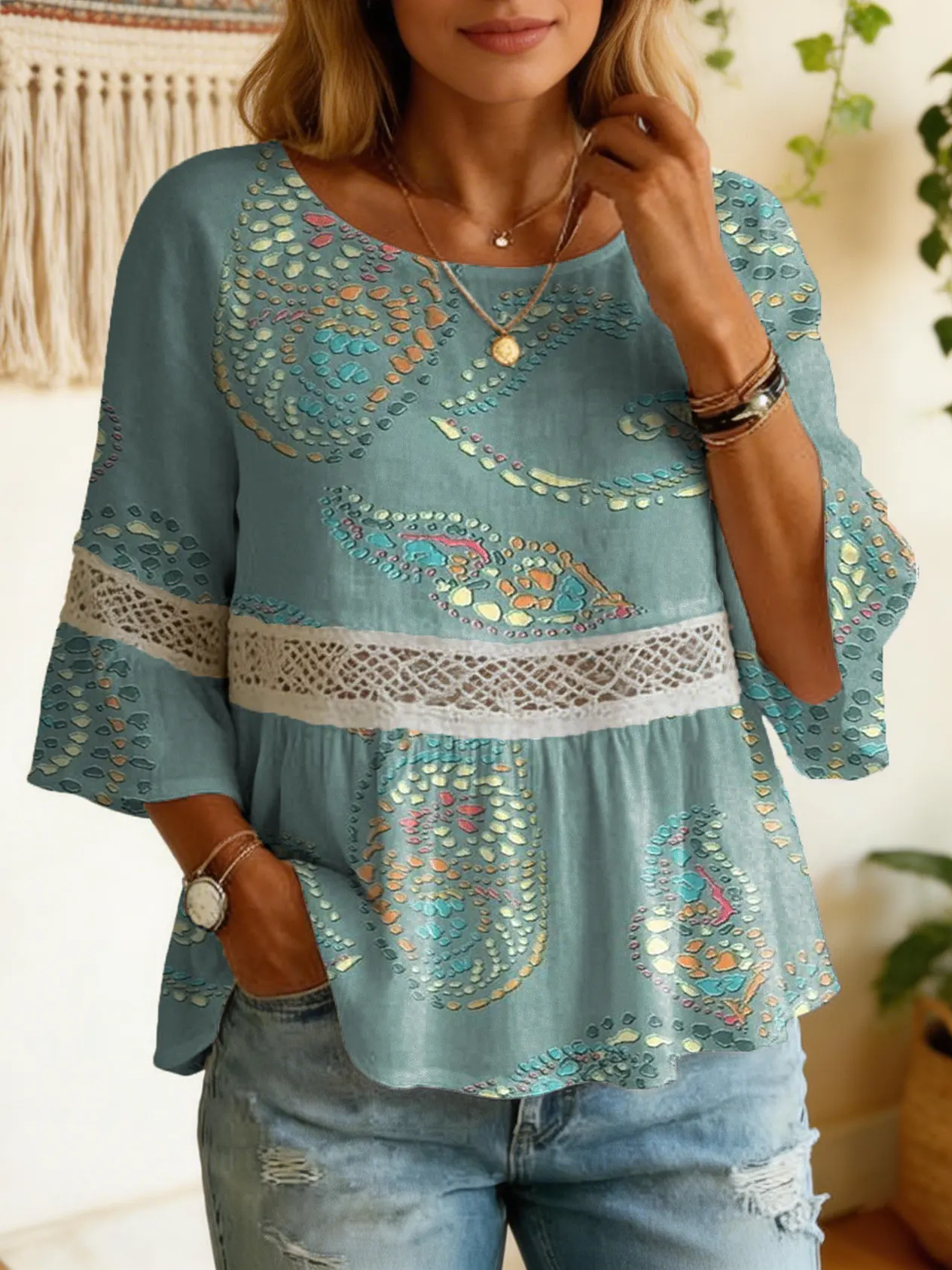 Women's Polka Dot Abstract Floral Print Artistic Lace-trimmed Cotton-linen Round-neck Short-sleeve Top