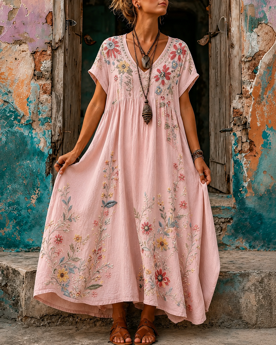 Women's Vacation Linen Boho Floral Print V-Neck Short Sleeve Maxi Dress