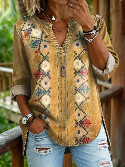 Women's Bohemian-Print Casual V-Neck Washed Cotton Denim Shirt