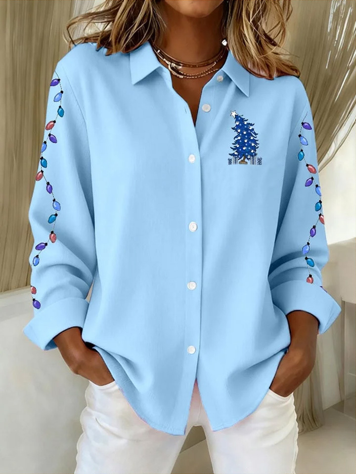 Women's Casual Christmas Print Lapel Long Sleeve Shirt