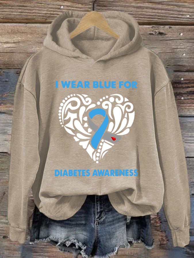 Women's I Wear Blue For Diabetes Awareness Print Hoodie Long Sleeve Sweatshirt