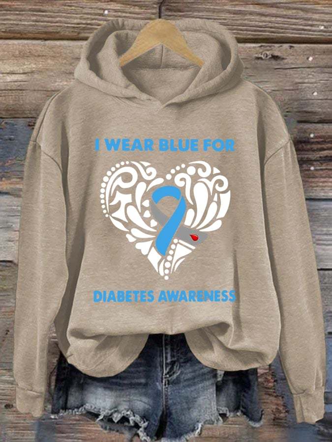 Women's I Wear Blue For Diabetes Awareness Print Hoodie Long Sleeve Sweatshirt
