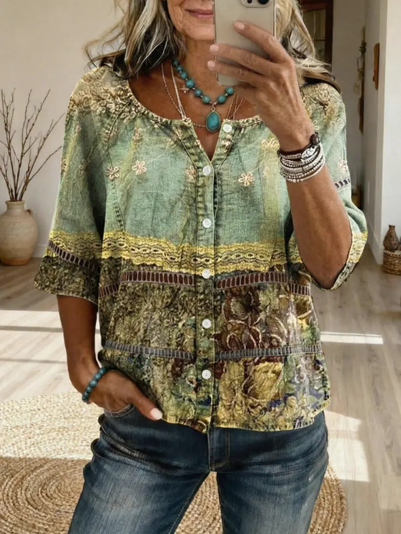 Women's Bohemian Retro Floral Art Print Casual Cutout Top