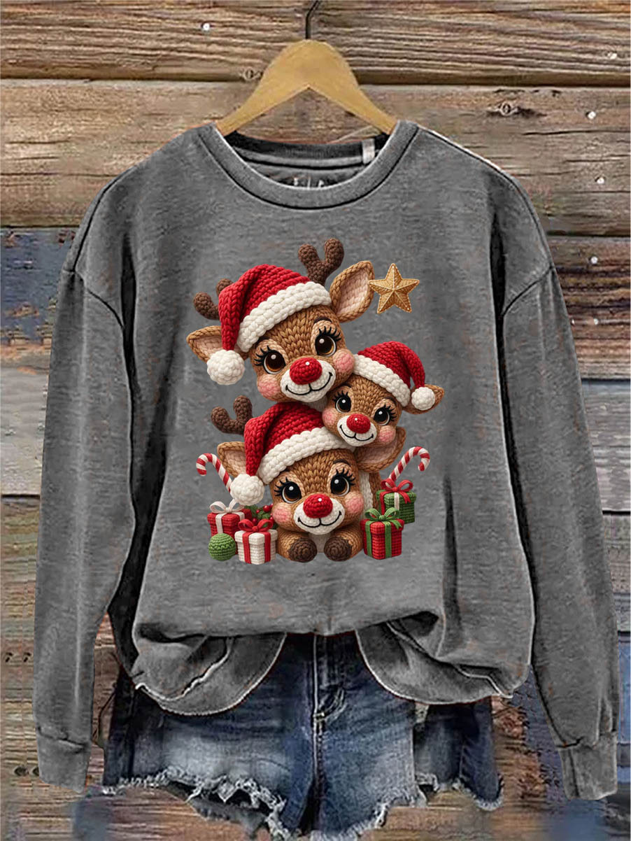 Women's Christmas Elks 3D Knitting Crochet Pattern Neck Sweatshirt