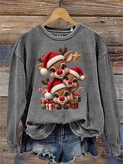 Women's Christmas Elks 3D Knitting Crochet Pattern Neck Sweatshirt