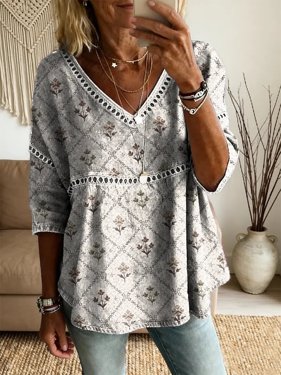 Ethnicity Flowers Checkered Women's Vintage Art Print Casual V Neck Cutout Top