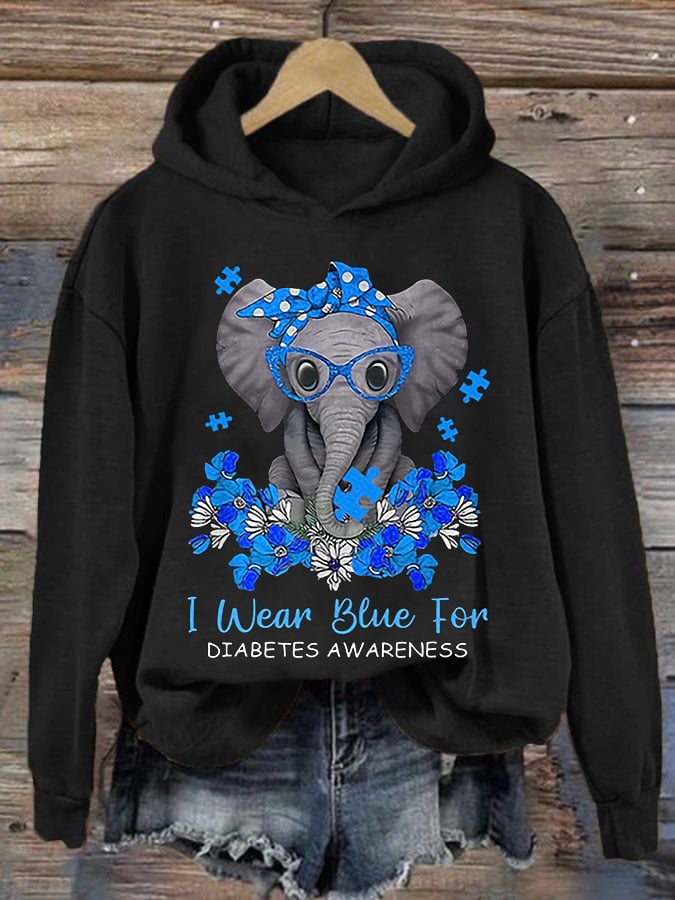 Women'S Retro I Wear Blue For Diabetes Awareness Printed Hoodie