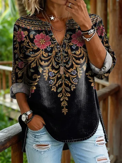 Women's Retro Ethnic Floral Art Print Casual Long-sleeve V-neck Shirt