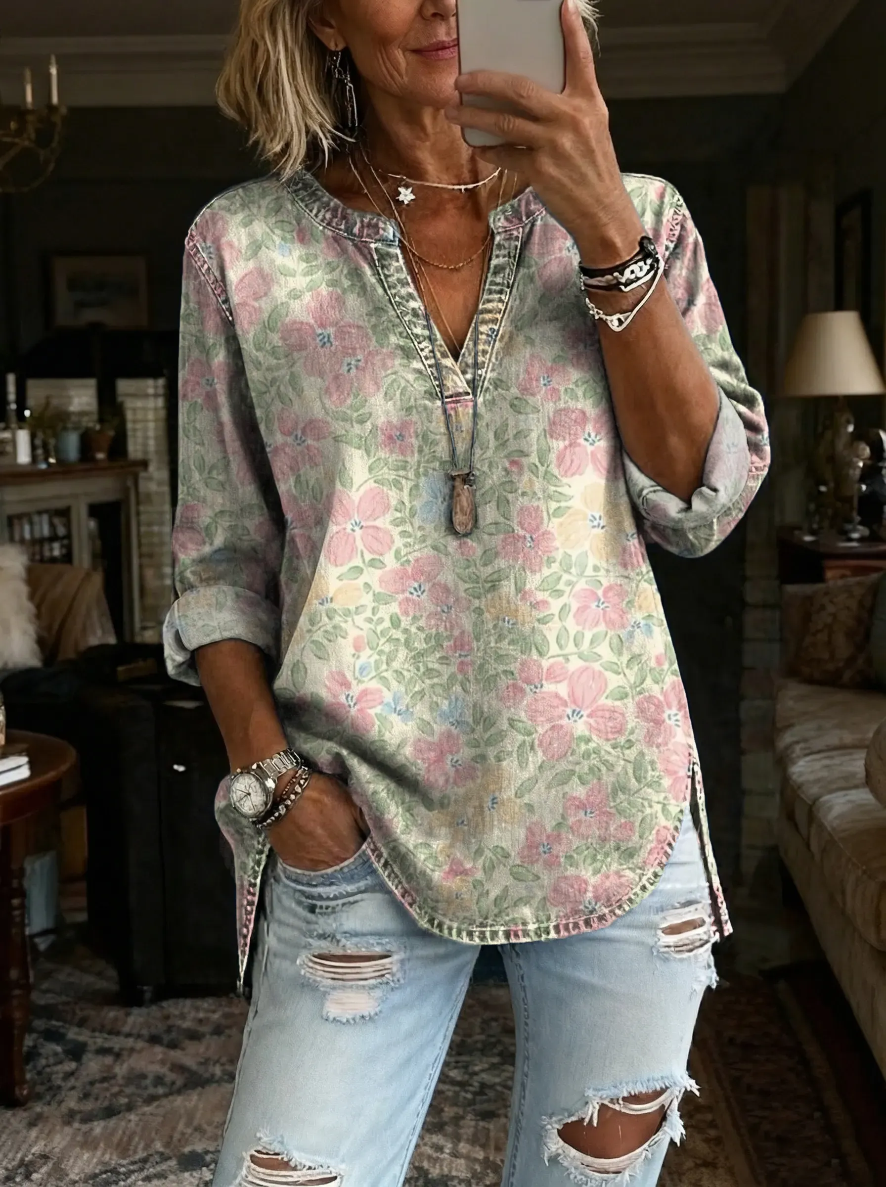 Women's Floral Art Print Casual Long-Sleeve V-Neck Washed Cotton Denim Top