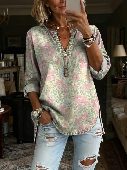 Women's Floral Art Print Casual Long-Sleeve V-Neck Washed Cotton Denim Top
