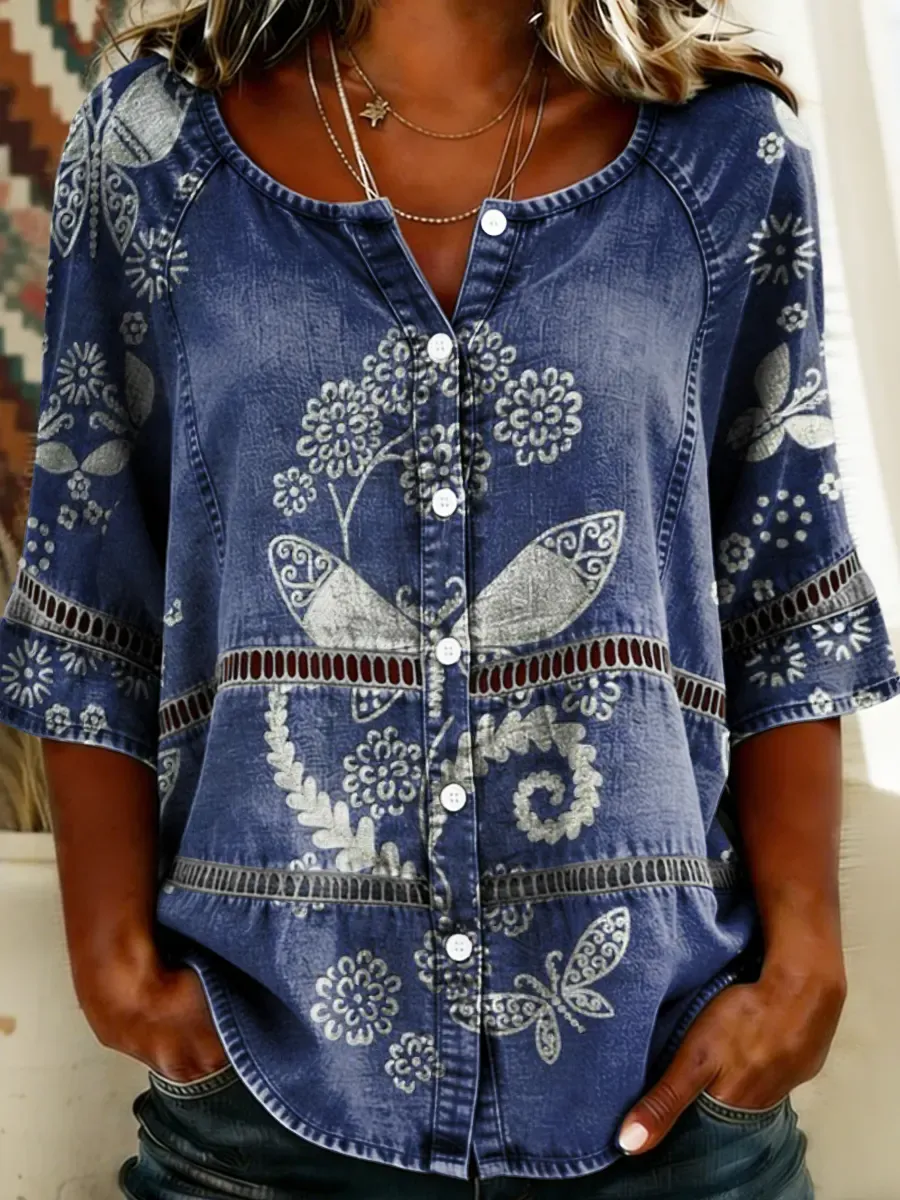 Women's Floral Print Round Neck 3/4 Sleeve Lace Cutout Denim Shirt