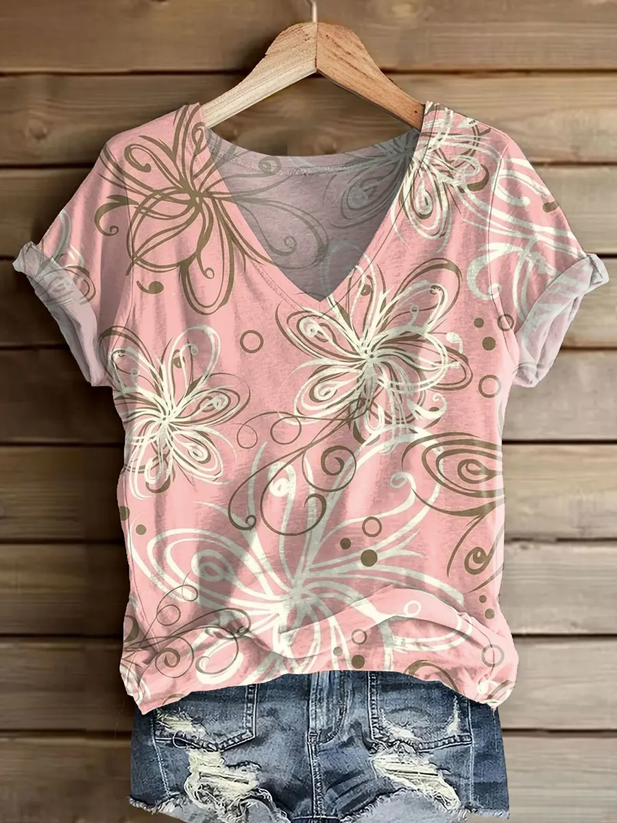 Women's Vintage Floral Pattern Art Print V-neck Short Sleeve