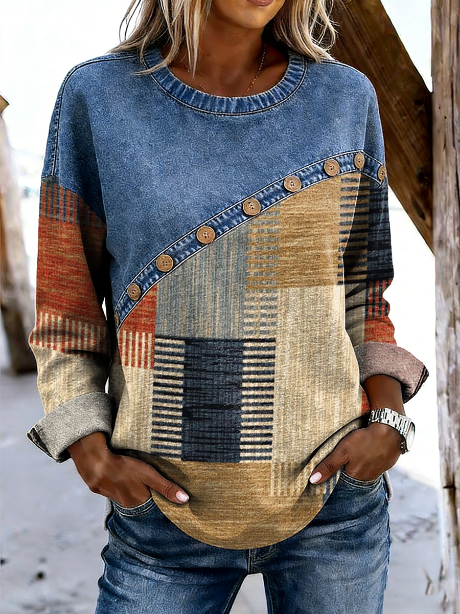 Women's Retro Ethnic Art Print Casual Long-sleeved Round Neck Denim Patchwork Top