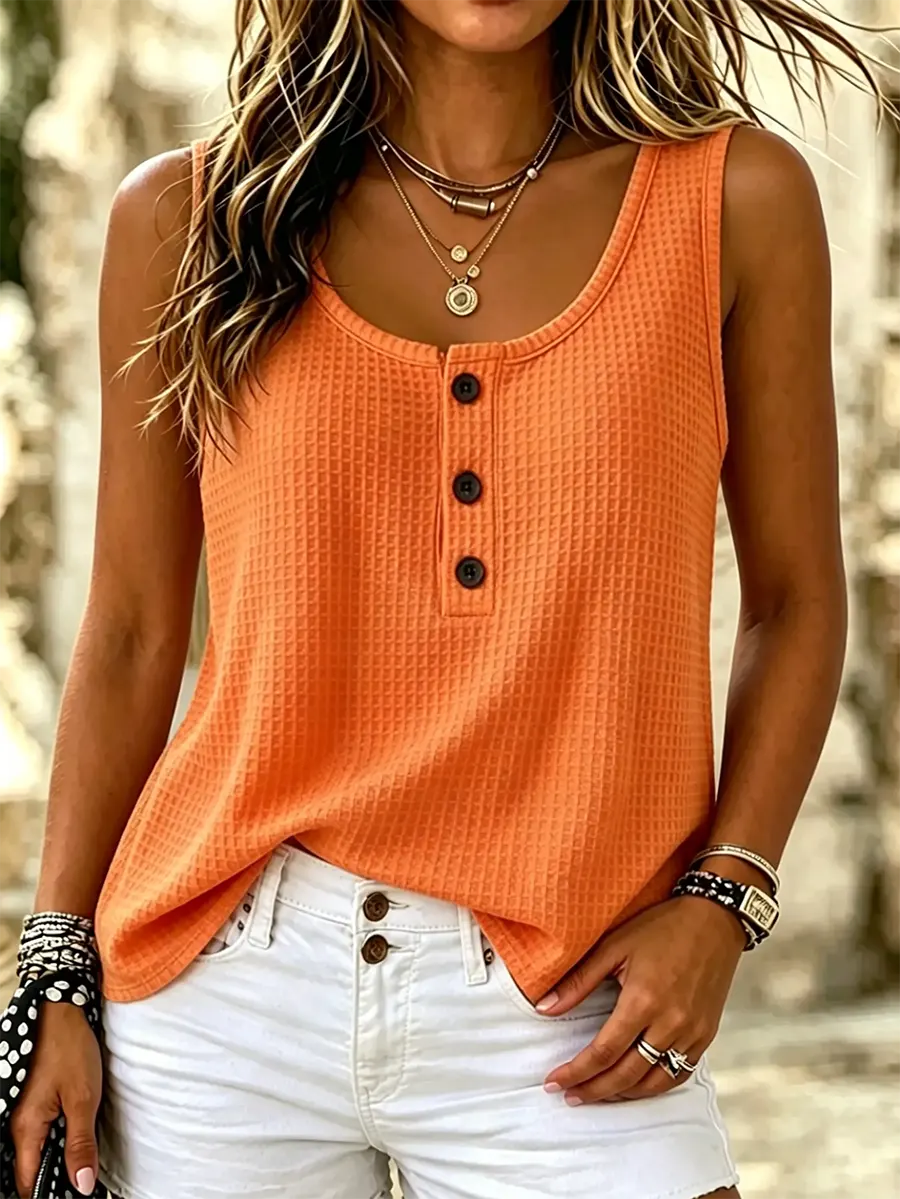 Women's Solid Color Waffle Knit Cotton Henley Tank Top