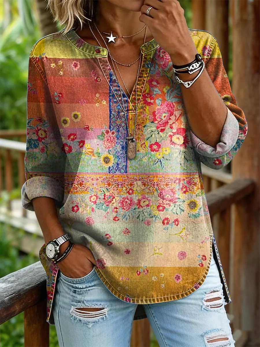Women's Floral Art Print Casual V-neck Washed Cotton Denim Shirt