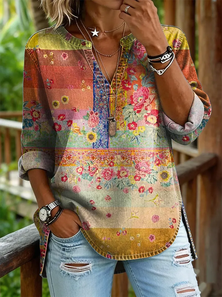 Women's Floral Art Print Casual V-neck Washed Cotton Denim Shirt