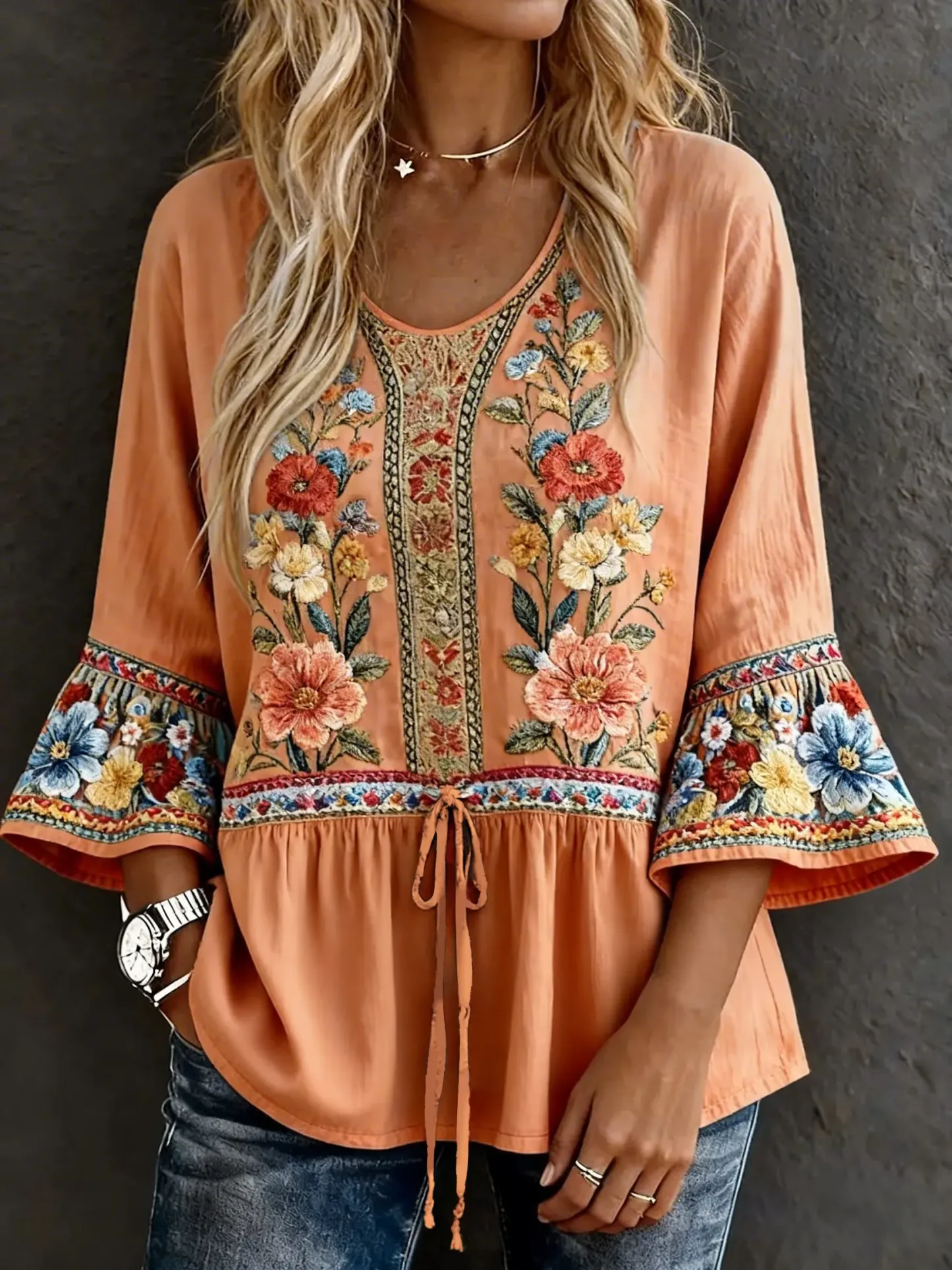 Women's Casual Multicolor Floral Art Prints Drawstring Cotton Shirt