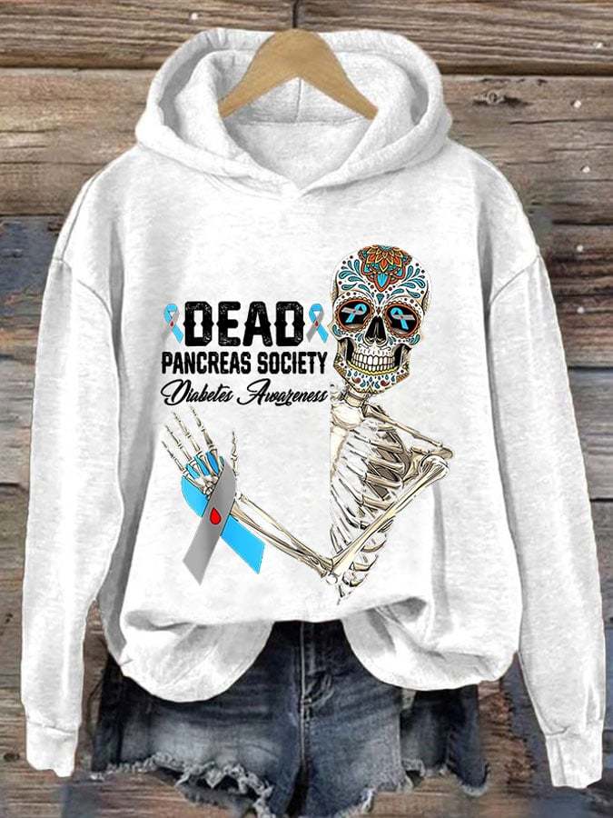 Women'S Retro Dead Pancreas Society Diabetes Awareness Day Sugar Skeleton Printed Hoodie