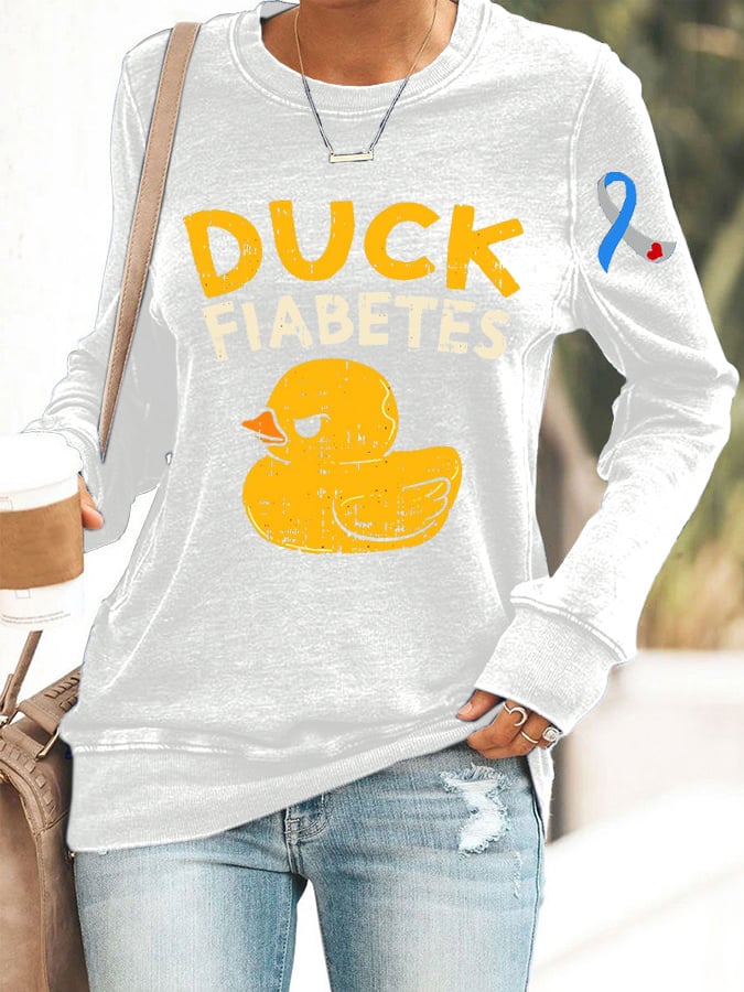 Women's Funny Diabetes Awareness I Duck Fiabetes I Cool Rubber Duck Print Long Sleeve Sweatshirt