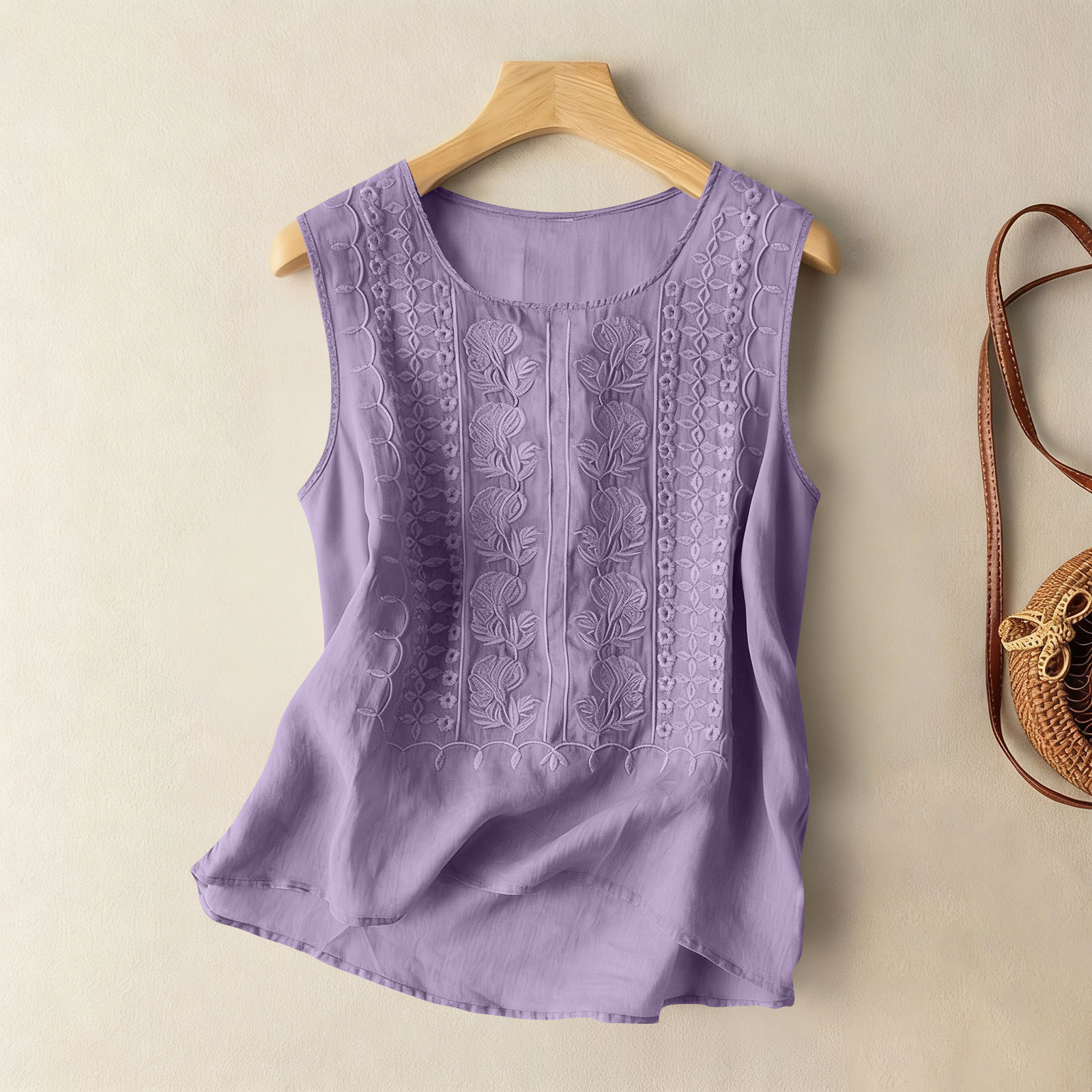 Women's Cotton and Linen Round Neck Embroidered Tank Tops
