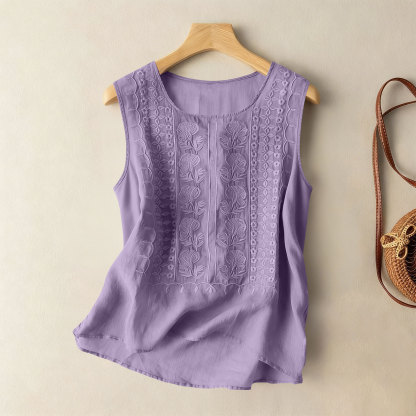 Women's Cotton and Linen Round Neck Embroidered Tank Tops