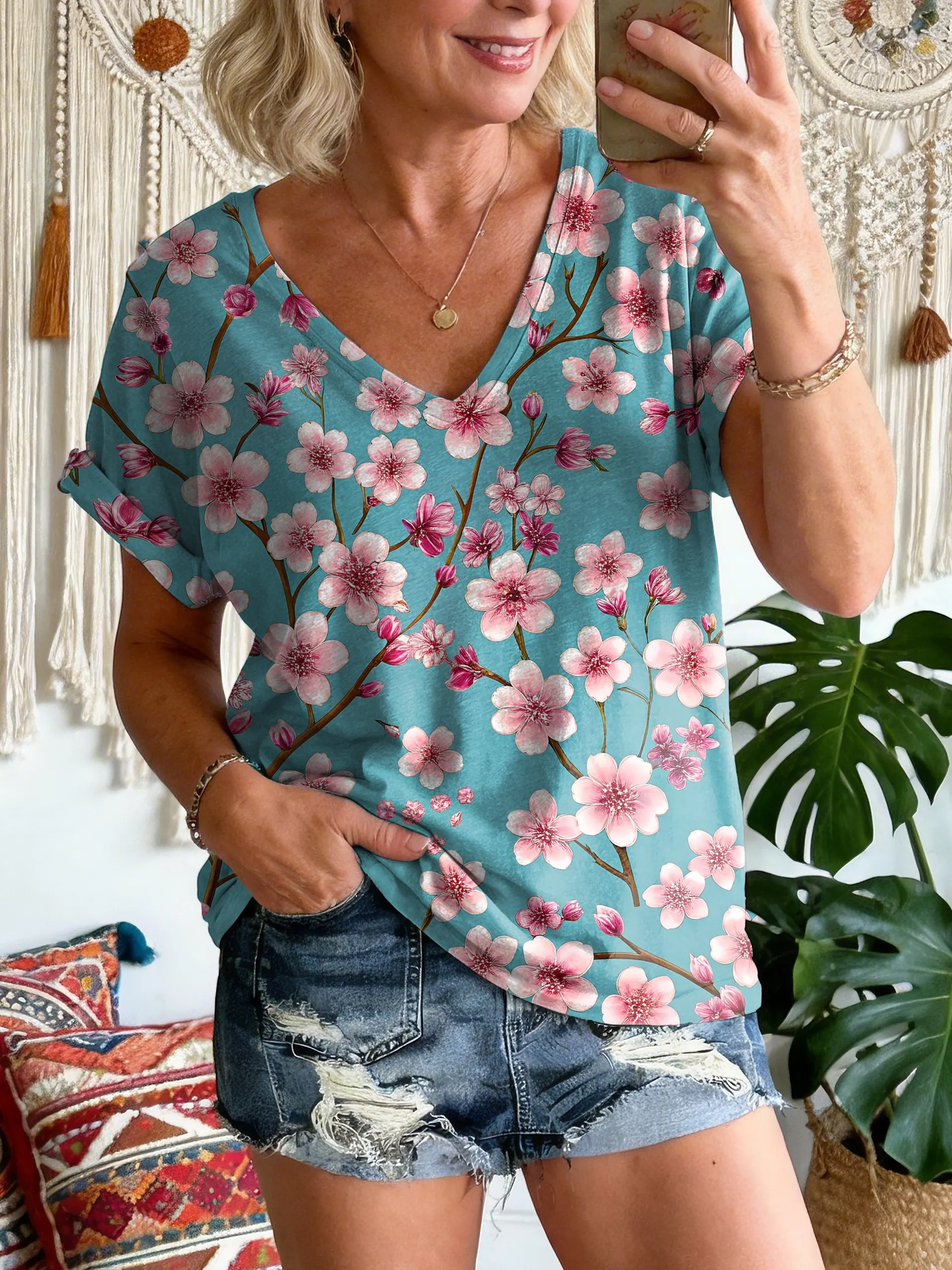 Women's Vintage Floral Pattern Art Print V-neck Short Sleeve