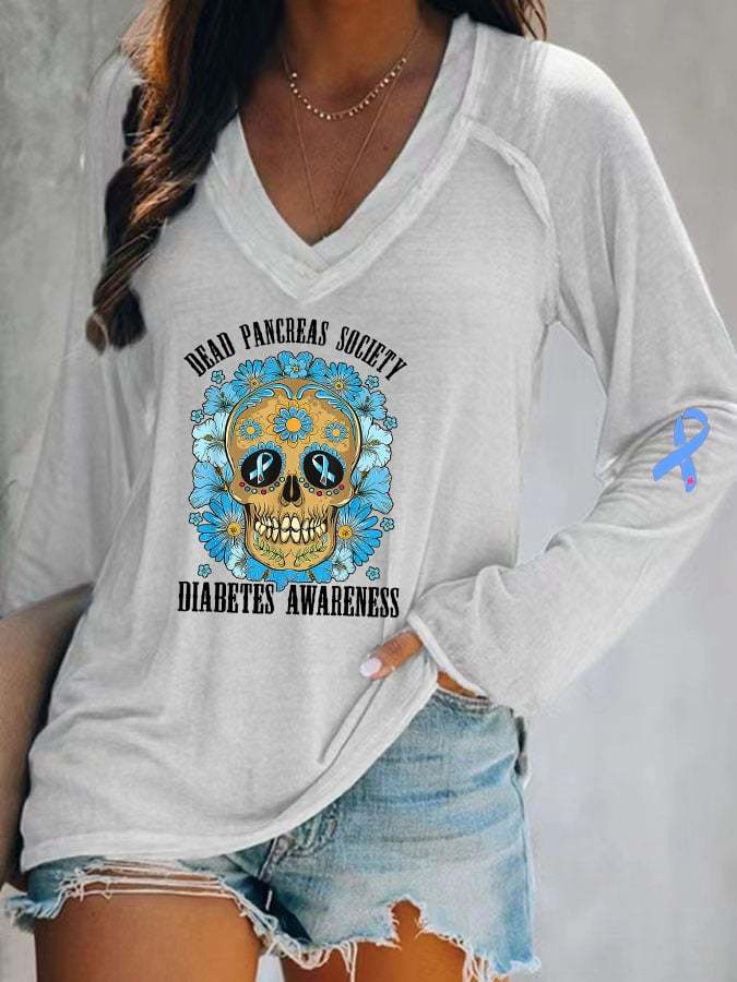 Women's Casual Diabetes Awareness Dead Pancreas Society Print Long Sleeve T-Shirt