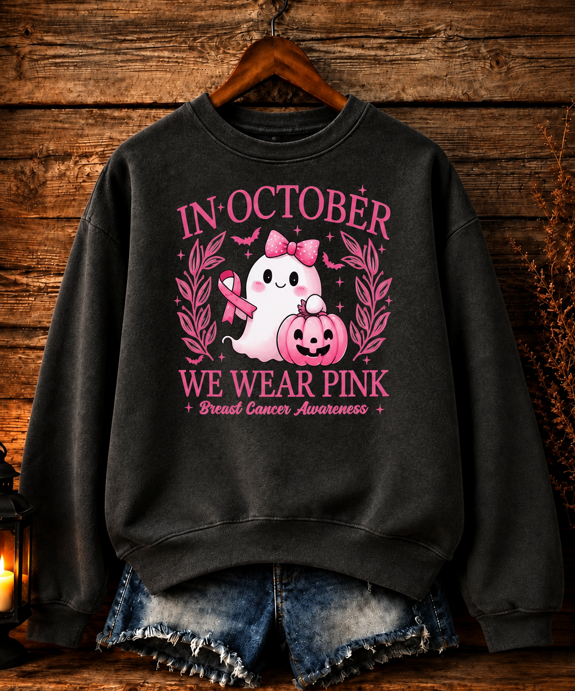 In October We Wear Pink Pattern Crew Neck Sweatshirt