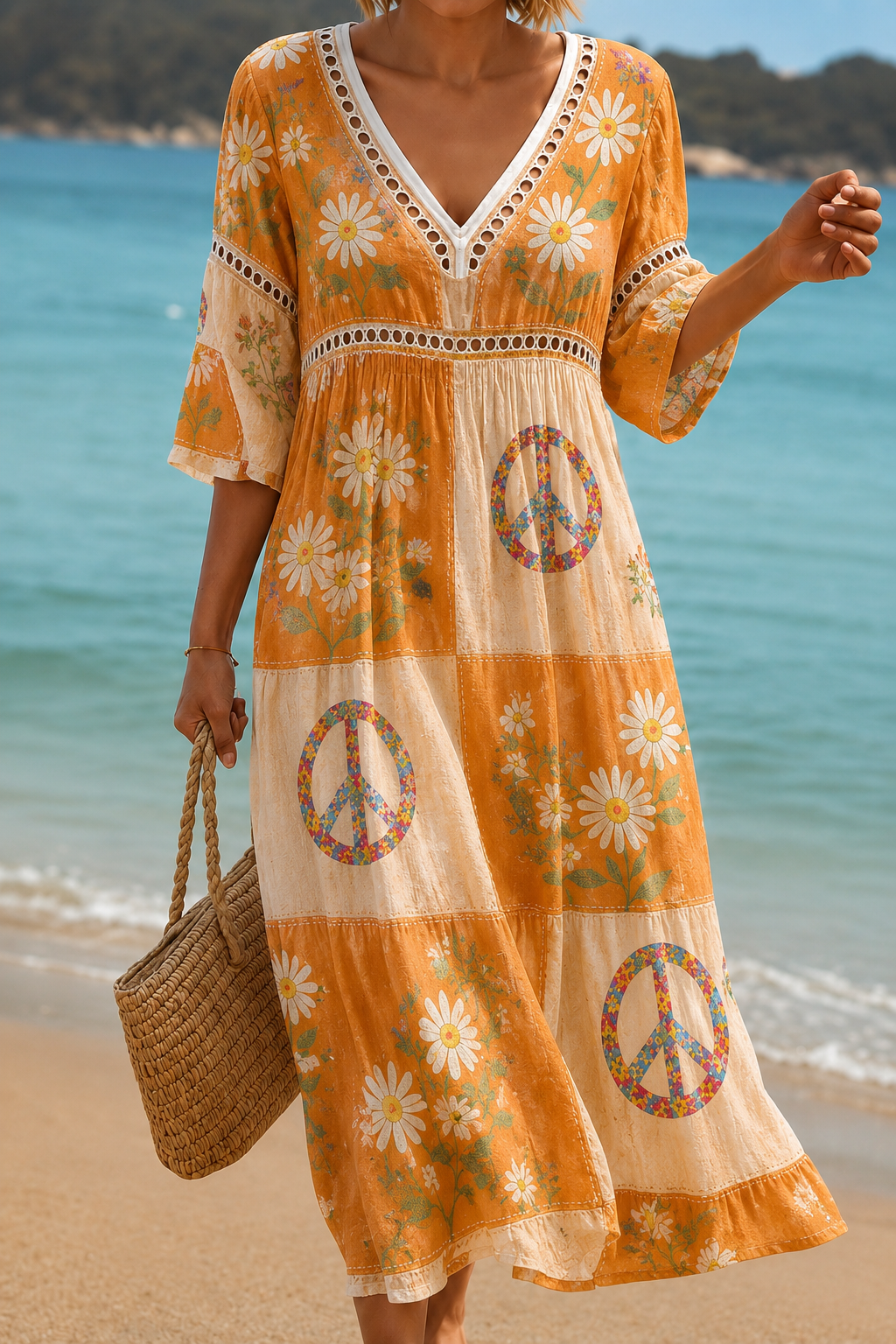 Women's Vacation Linen Boho Foral Print V-Neck Short Sleeve Maxi Dress