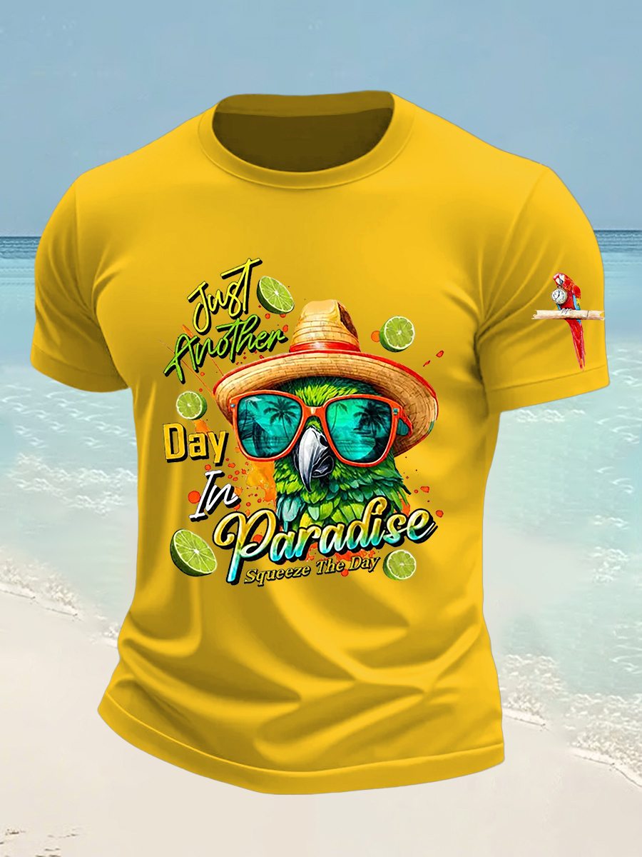 Men's Funny It's 5 O'clock Somewhere Parrot Just Another Day in Paradise Printed Short Sleeve Tee