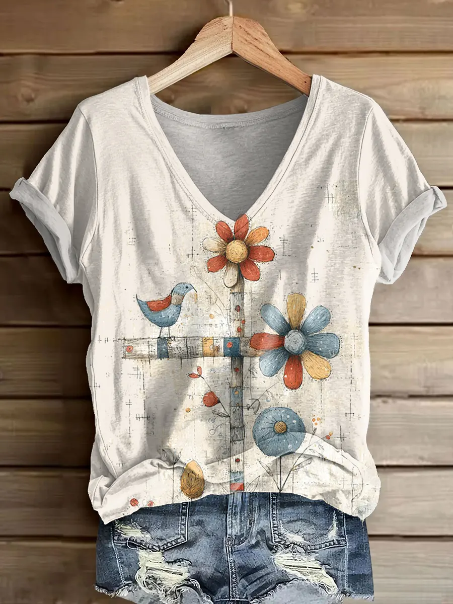 Ethnicity Bohemian Style Flowers Bird Women's V-neck Print Casual T-shirt