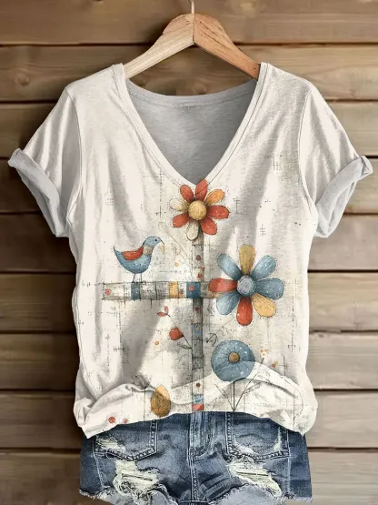 Ethnicity Bohemian Style Flowers Bird Women's V-neck Print Casual T-shirt