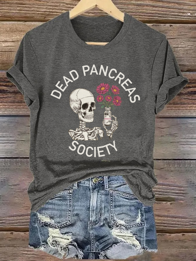 Retro Diabetes Awareness Dead Pancreas Society Print Skeleton & Insulin Vial Floral T-Shirt