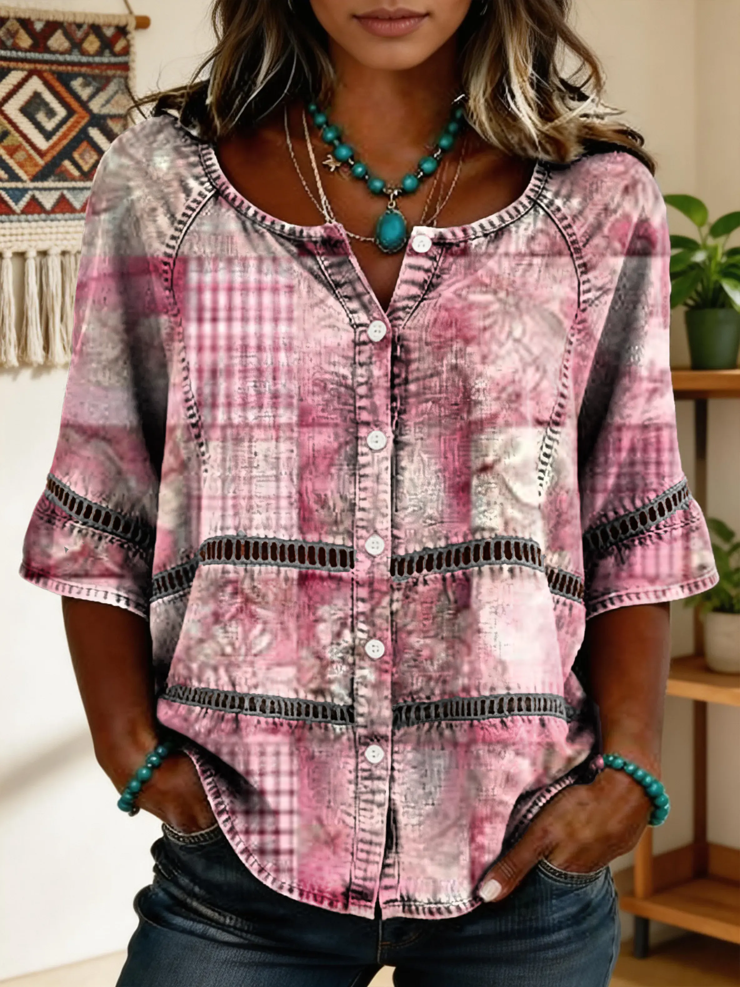 Women's Vintage Floral Art Print Lace-up Button-up Short-sleeve Shirt