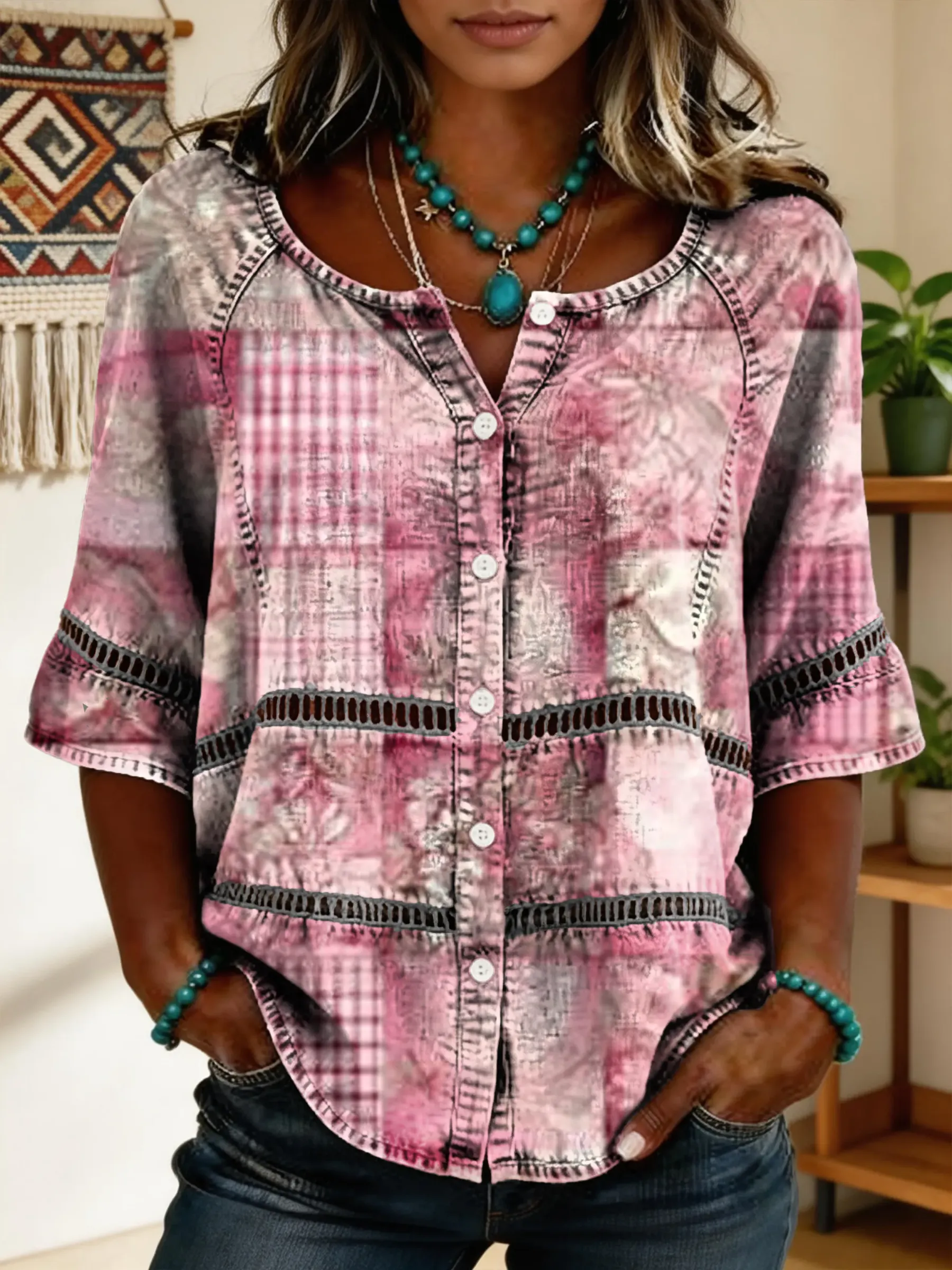 Women's Vintage Floral Art Print Lace-up Button-up Short-sleeve Shirt