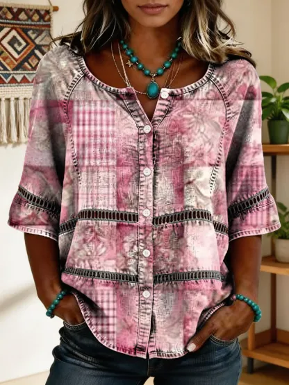 Women's Vintage Floral Art Print Lace-up Button-up Short-sleeve Shirt