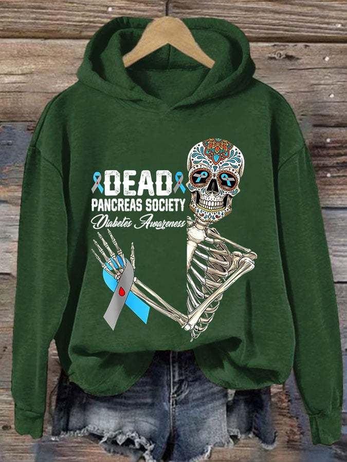 Women'S Retro Dead Pancreas Society Diabetes Awareness Day Sugar Skeleton Printed Hoodie