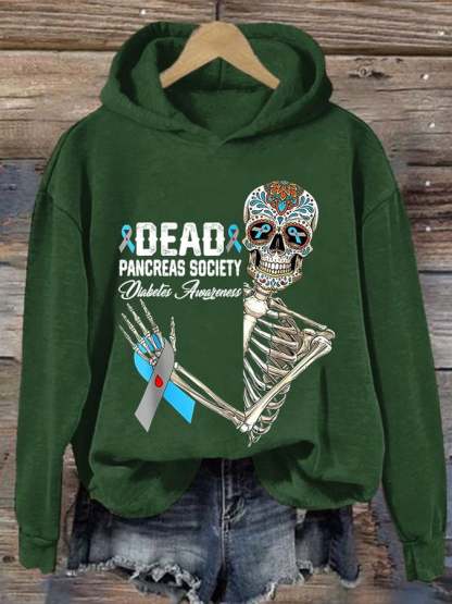 Women'S Retro Dead Pancreas Society Diabetes Awareness Day Sugar Skeleton Printed Hoodie