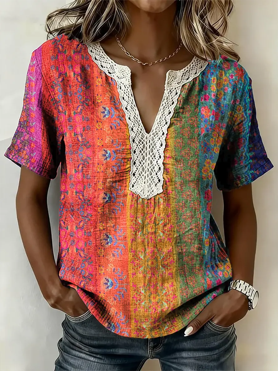 Women's Bohemian Floral Print Short-Sleeve Lace-Trimmed V-Neck Shirt